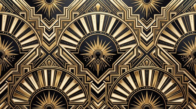 Elegant Art Deco seamless pattern with golden geometric shapes, fan motifs, and sunbursts on a black background, evoking 1920s luxury and vintage style.