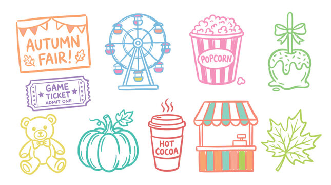 Charming autumn fair elements collection featuring a Ferris wheel, popcorn, candy apple, pumpkin, hot cocoa, game ticket, and teddy bear.