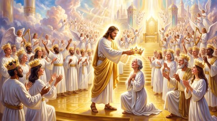 Fototapeta premium Jesus Christ placing a golden crown on a kneeling elderly woman in heaven surrounded by a celebratory choir of angels and redeemed people. Biblical scene of salvation and eternal life.