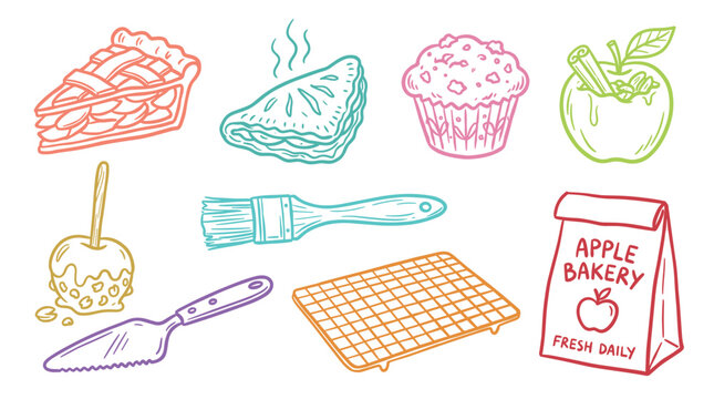 Vibrant hand-drawn doodle set featuring a slice of apple pie, a warm muffin, a sweet turnover, a candy apple, and essential baking tools.