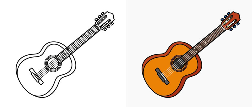 Acoustic Guitar Line Art and Color Illustration