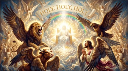 Fototapeta premium Jesus Christ sitting on a heavenly throne surrounded by four living creatures and angels in clouds. Biblical scene of divine glory and worship. Spiritual Christian religious concept.