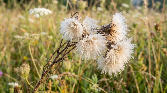 Velvet Violet Oysterplant Seedheads Adorned with Morning Moisture  Purple Salsify Oysterplant Tragopogon porrifolius seed head macro photography dew droplets fine filaments silky pappus