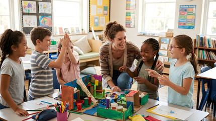 Obraz premium Elementary school students with female teacher in classroom, diverse children building creative project, happy kids learning in primary school