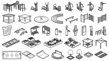 Fototapeta premium Outdoor gym fitness equipment and sports park isometric vector elements