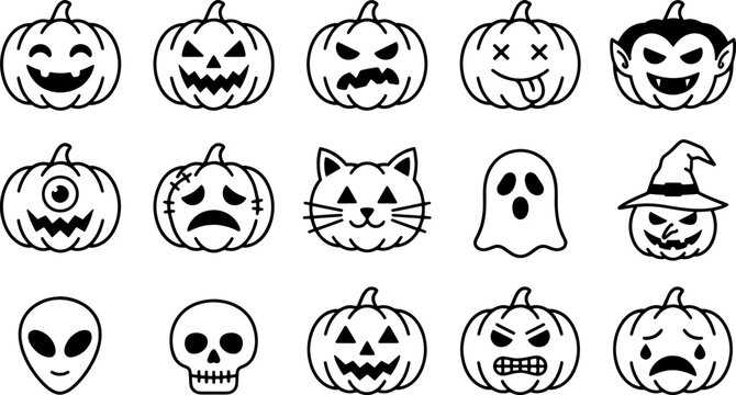 Spooky halloween character icon set featuring pumpkins and ghostly beings