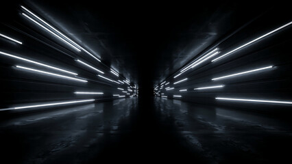 Obraz premium Futuristic corridor with illuminated rectangular lights dark and moody 3d rendering hallway