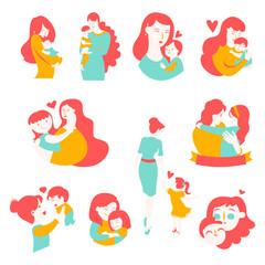 Fototapeta premium Motherhood illustration set with pregnant woman, mother hugging baby and happy family characters for Mother's Day design