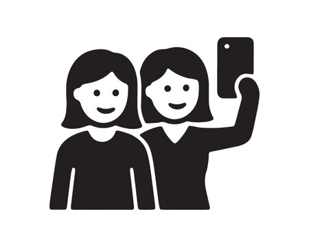 Two sisters taking a selfie with a smartphone flat icon on a white background for sisters day