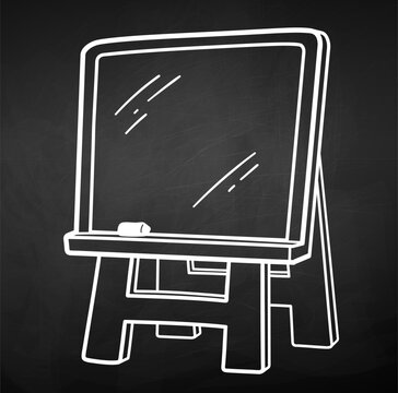 Vector chalk drawn illustration of a easel board. White line art isolated object for back to school design on chalkboard background.