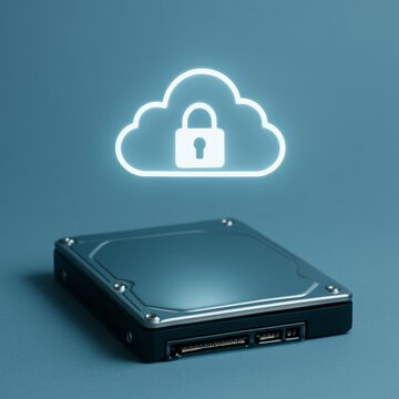 Secure cloud storage concept with hard drive and lock icon