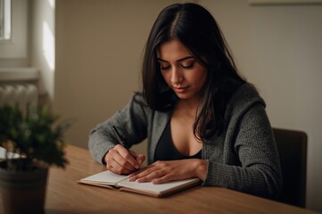 Naklejka premium Person writing in notebook at calm wooden desk in warm morning light