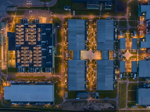 Aerial Top Down View Of Large Scale Modern Industrial Data Center Complex At Twilight Showing Infrastructure And Lights