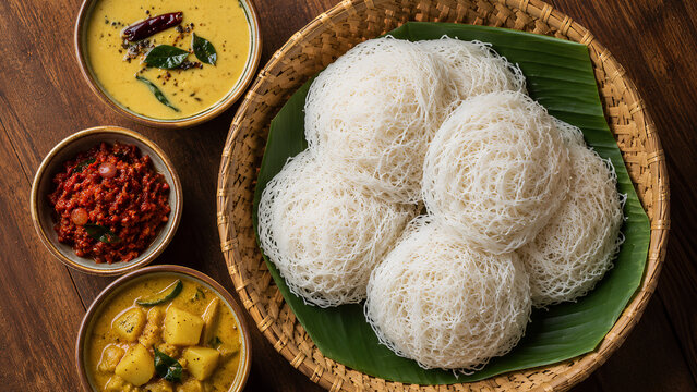Traditional Sri Lankan string hoppers served in a cane basket with dhal curry, potato curry and spicy sambol