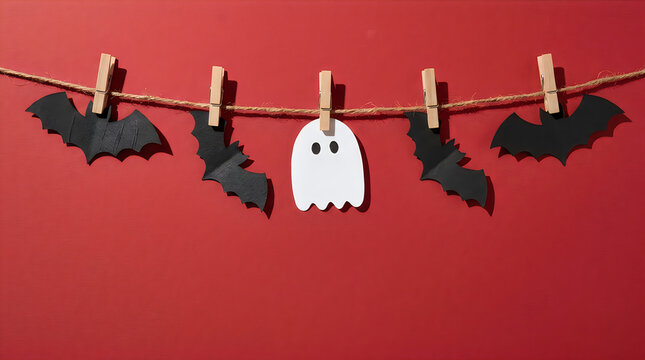 A line of black paper bats and a single white ghost cutout are hung from a string with clothespins against a solid red background, suitable for Halloween themes.