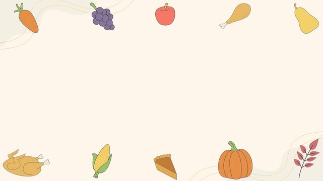 Seamless looping background animation of swaying Thanksgiving elements like roast turkey, pumpkin pie, and harvest fruits with wide beige cream center text copy space. Flat style
