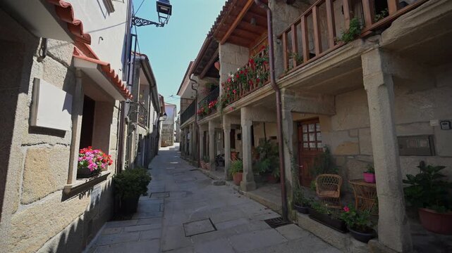 Traditional Granite H&oacute;rreos and Coastal Architecture along the Narrow Streets of Combarro in Poio, Galicia, Spain