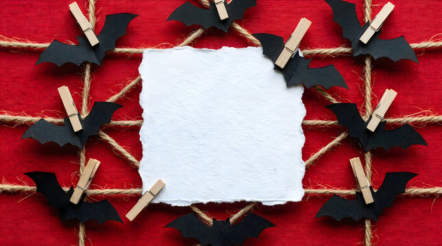 Halloween-themed frame with black paper bats and a blank white card is created on a bright red background, offering ample copy space for seasonal messages.