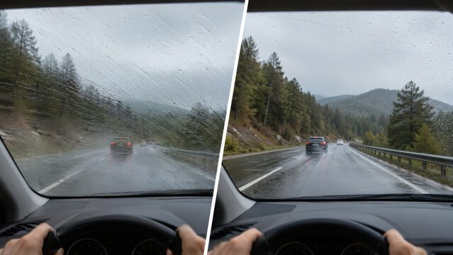Old windshield wipers versus clear driving visibility in rain