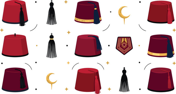 Traditional Ottoman Fez Hat Collection with Tassels, Turkish Headwear, and Cultural Accessories Isolated on Transparent Background Vector Illustration Set