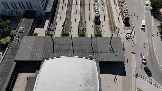 Aerial top down view of Tallinn Baltic railway station building and trains