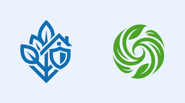 Two abstract logos on a light blue background, one in blue with a house, leaves and shield, the other in green with swirling leaf shapes forming a circular pattern.