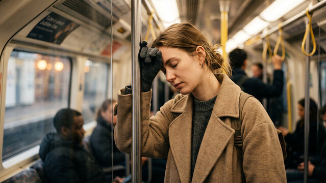Exhausted young woman falling asleep while standing inside a subway car. Chronic fatigue, low immunity and avitaminosis in urban off-season concept