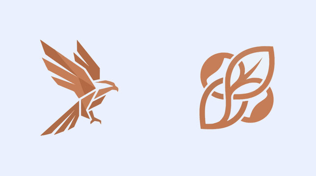 Brown stylized icons on light blue background showing a bird in flight on the left and a set of abstract leaves with circles on the right.