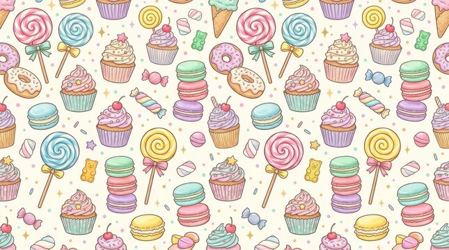 A charming seamless pattern featuring an array of delectable desserts and candies &ndash; swirly lollipops, frosted cupcakes, colorful macarons, and sparkling sprinkles pattern
