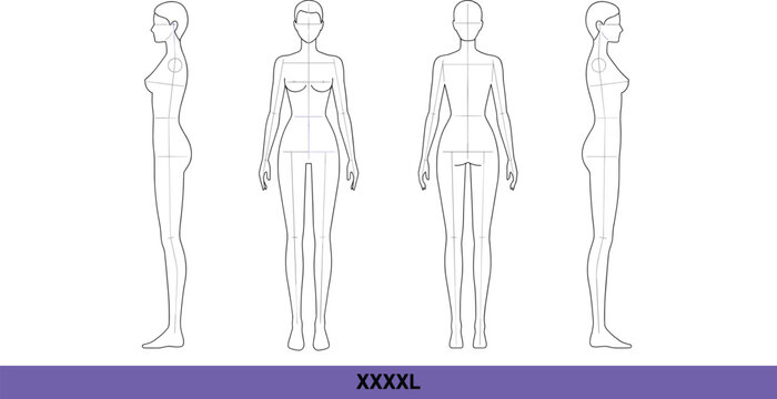 Female Mannequin Silhouettes in Front Side and Back Views with XL Label fashion figure body outline