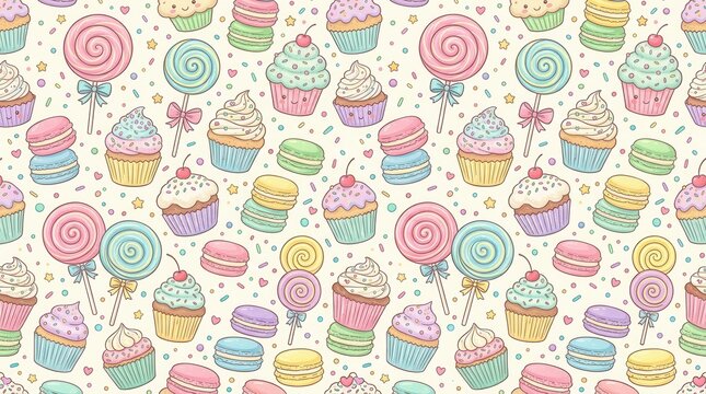 A charming seamless pattern featuring an array of delectable desserts and candies &ndash; swirly lollipops, frosted cupcakes, colorful macarons, and sparkling sprinkles pattern