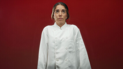 Fototapeta premium Chef woman in buttoned white coat shrugs shoulders in studio with deep red backdrop and minimal set; uncertainty.