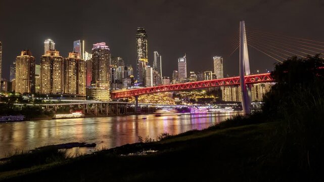 Chongqing cyberpunk city skyline with river and hongyadong night time
