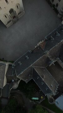 Vertical video overhead view of Marienburg Castle rooftops and courtyard