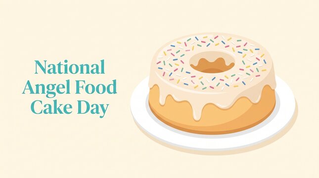 Angel food cake on white plate for national cake day
