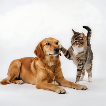 Friendly golden retriever dog gently interacting with striped cat indoors