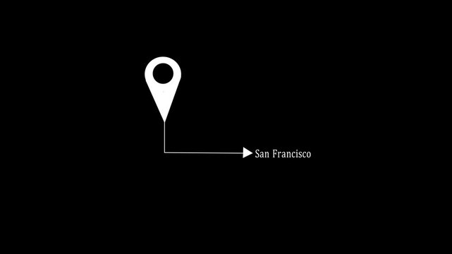  Location pin icon animation video pointing to San Francisco city  black background. 4k motion video