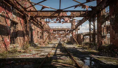 Fototapeta premium Ruined Industrial Warehouse And Abandoned Train Tracks