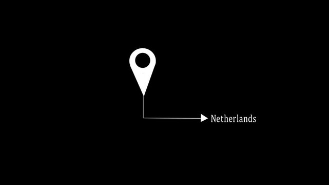  Location pin icon animation video pointing to Netherlands city  black background. 4k motion video