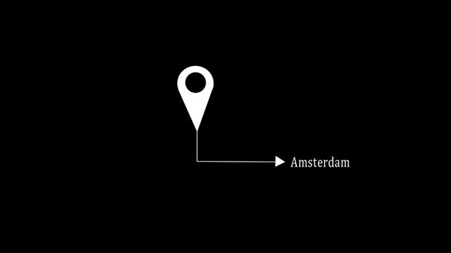  Location pin icon animation video pointing to city Amsterdam on black background. 4k motion video