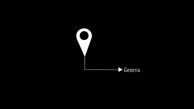 Location pin icon animation video pointing to city Geneva on black background. 4k motion video