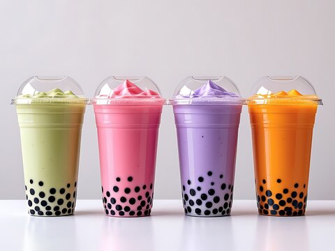Four colorful bubble tea drinks with tapioca pearls in clear plastic cups
