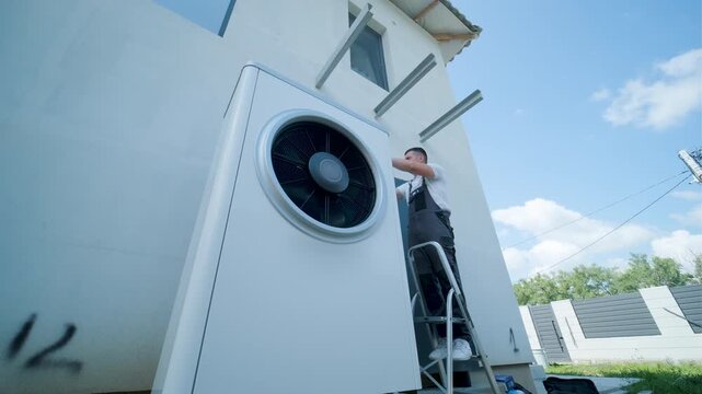 HVAC technician on a ladder installing a large outdoor heat pump unit on a modern house wall.