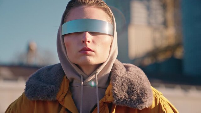 Futuristic Woman in Industrial Landscape Wearing Cyberpunk Fashion