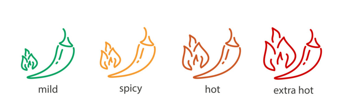 spice icon set, outline icons of mild, spicy, hot, extra hot, level symbols, peppers with fire, editable stroke vector illustration