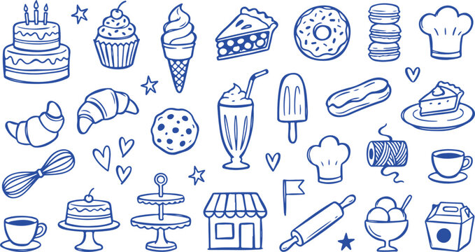 dessert shop doodle icon set with cupcakes, cake, cookies, ice cream, and coffee