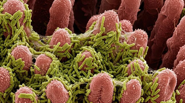 Bacterium, green rod-shaped microorganism colonizing human epithelial cell surface, illustrating infection process within gut microbiota, a detailed magnified microscopic biological environment.