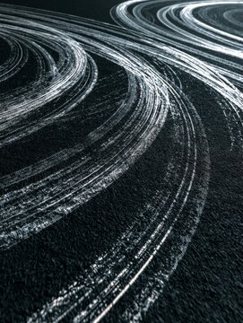 Tire Skid Marks on Matte Black Asphalt Surface in Minimalist Style Capturing Motion and Movement Patterns