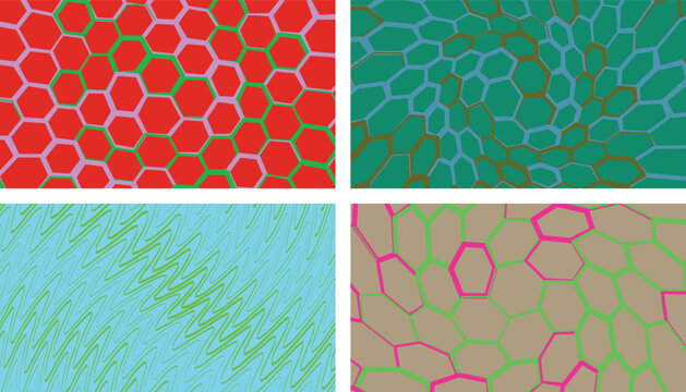 Set of modern abstract graphic design backgrounds with geometric hexagon structures and wavy lines for creative wallpaper projects and website layouts