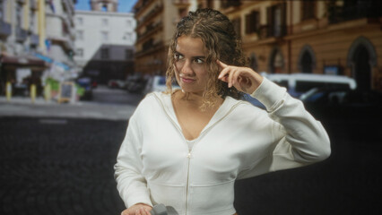 Fototapeta premium Woman with finger to temple holding dumbbell on a cobbled street near buildings and parked van; serenity focus.